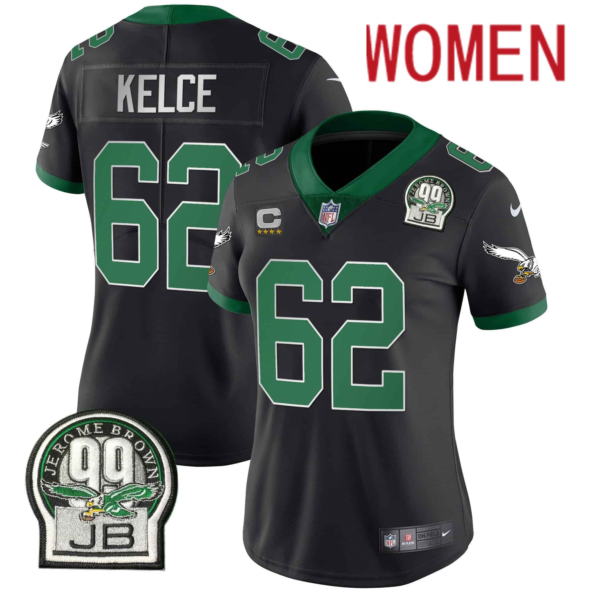 Women Philadelphia Eagles #62 Kelce Black 2024 Nike Jerome Brown Patch Alternate Limited NFL Jersey style 1